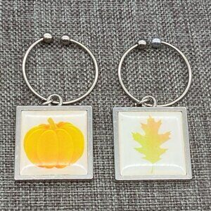 Pumpkin Leaf Wine Charms Lot Of 2 Autumn Oak Fun Silver Square Acrylic Party
